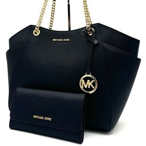 Michael Kors JST Large Chain Shoulder Tote Bag & Trifold Wallet Black/Gold